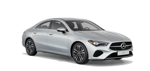 Silver Mercedes-Benz CLA four-door sedan shown in a front three-quarter view, featuring sleek LED headlights, a black grille with the Mercedes-Benz emblem, sculpted body lines, alloy wheels, and a modern aerodynamic design.