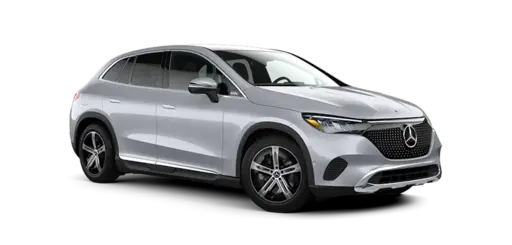 Silver Mercedes-Benz electric crossover SUV shown in a front three-quarter view on a black background, featuring the Mercedes star grille, sleek LED headlights, aerodynamic body styling, alloy wheels, and a modern compact luxury design.