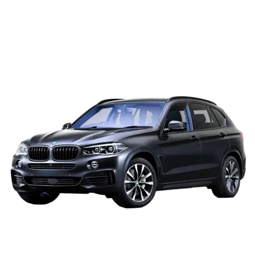 Black BMW X5 luxury SUV shown in a front three-quarter view, featuring the signature kidney grille, sleek LED headlights, sculpted hood, large alloy wheels, roof rails, and tinted side windows on a transparent or black background.