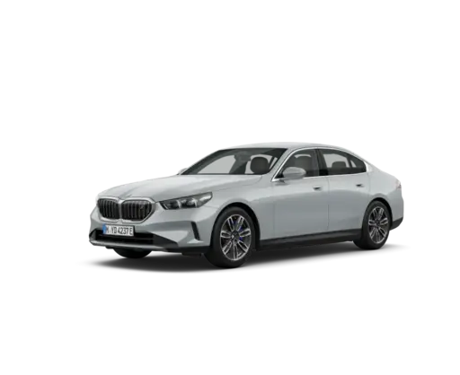 White BMW luxury sedan shown in a front three-quarter view, featuring the signature kidney grille, sleek LED headlights, aerodynamic body lines, alloy wheels, and a refined four-door design on a black background.