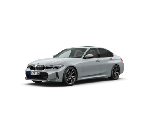 Silver BMW 3 Series sedan shown in a front three-quarter view, featuring the signature kidney grille, sleek LED headlights, sporty alloy wheels, and a modern streamlined body. The vehicle is isolated against a black background.