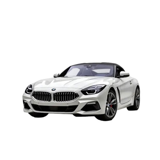 White BMW convertible sports car shown from a front three-quarter angle, featuring the signature kidney grille, sleek LED headlights, sculpted hood, aerodynamic front bumper, alloy wheels, and a black soft-top roof against a transparent or black background.